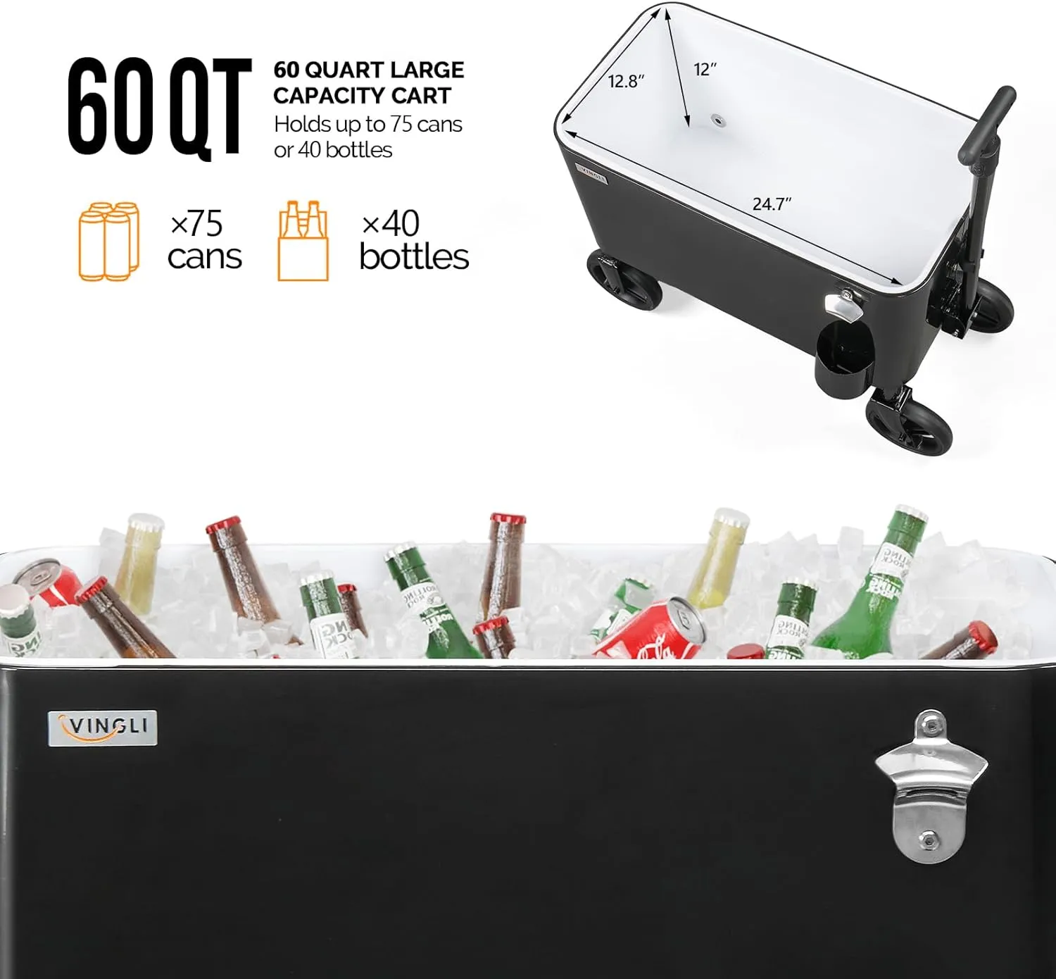 VINGLI 80 Quart Wagon Rolling Cooler Ice Chest, w/Long Handle and 10" Wheels, Portable Beach Patio Party Bar Cold Drink Beverage, Outdoor Park Cart on Wheels