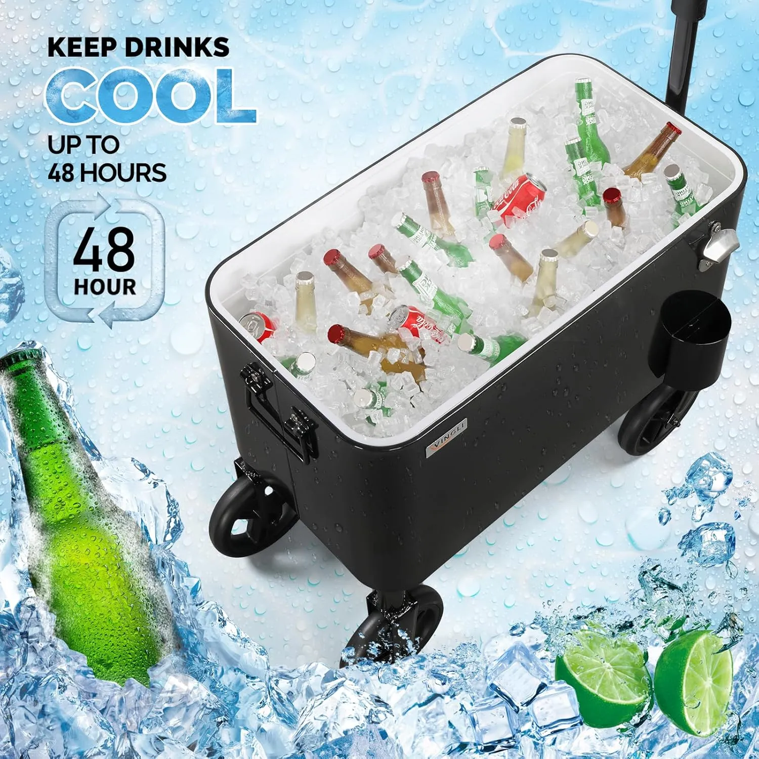 VINGLI 80 Quart Wagon Rolling Cooler Ice Chest, w/Long Handle and 10" Wheels, Portable Beach Patio Party Bar Cold Drink Beverage, Outdoor Park Cart on Wheels
