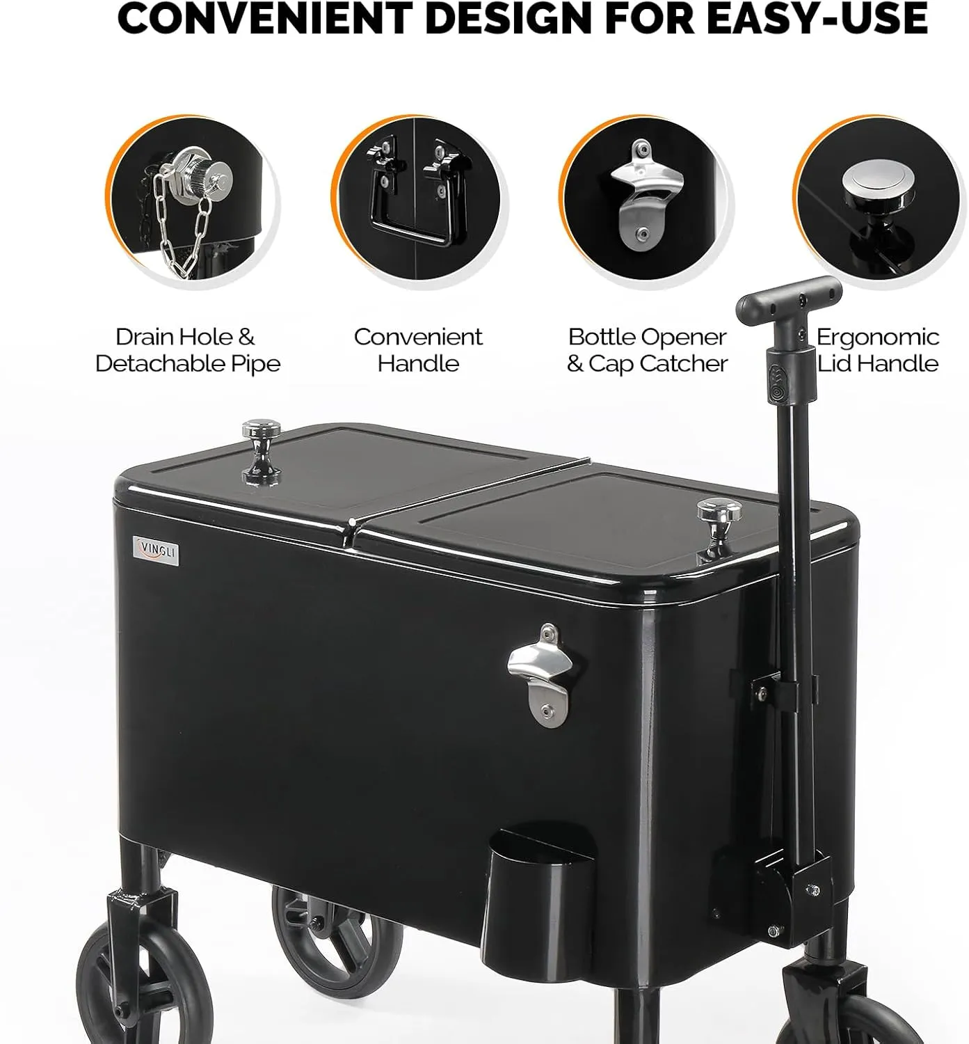 VINGLI 80 Quart Wagon Rolling Cooler Ice Chest, w/Long Handle and 10" Wheels, Portable Beach Patio Party Bar Cold Drink Beverage, Outdoor Park Cart on Wheels