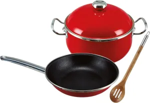 VITA 4-Piece Beginners Set (Red) for All Stove Tops (Enamel on Steel) - Dishwasher & Oven Safe - Quick & Even Heat Distribution - Non Stick Pan & Enameled Interior Pot, Non-Reactive & Easy to clean