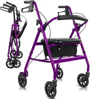 Vive Mobility Ultra Lightweight Rollator Walker with Seat - Foldable, Narrow, Rolling Senior Walker for Small Spaces - 4 Wheel Aluminum Adult Easy Drive Aid with Underseat Accessory
