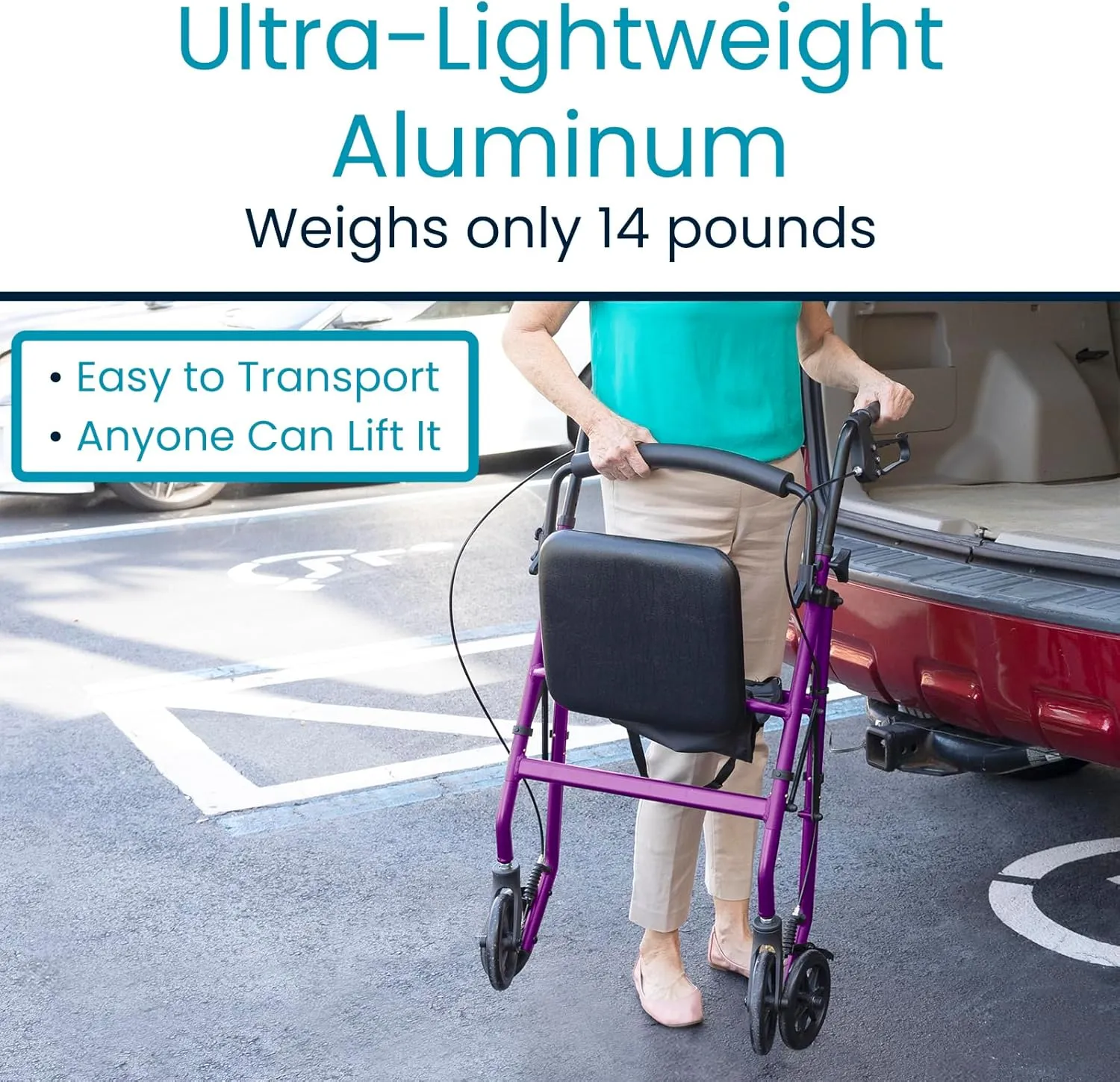 Vive Mobility Ultra Lightweight Rollator Walker with Seat - Foldable, Narrow, Rolling Senior Walker for Small Spaces - 4 Wheel Aluminum Adult Easy Drive Aid with Underseat Accessory