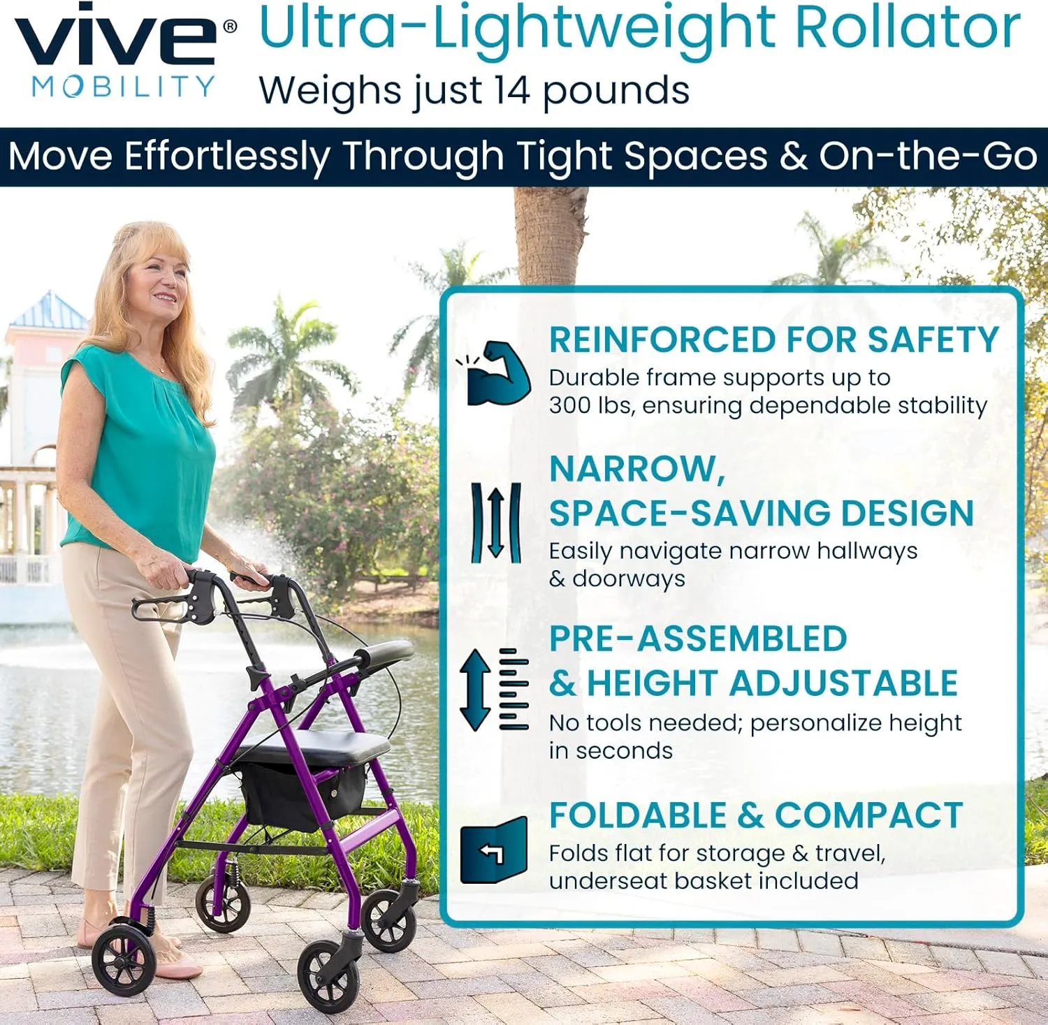 Vive Mobility Ultra Lightweight Rollator Walker with Seat - Foldable, Narrow, Rolling Senior Walker for Small Spaces - 4 Wheel Aluminum Adult Easy Drive Aid with Underseat Accessory