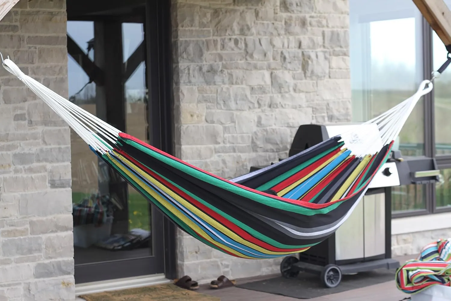 Vivere Brazilian Style Double Cotton Hammock with Polyester End Strings, 450 lb Weight Capacity (Rio Night)
