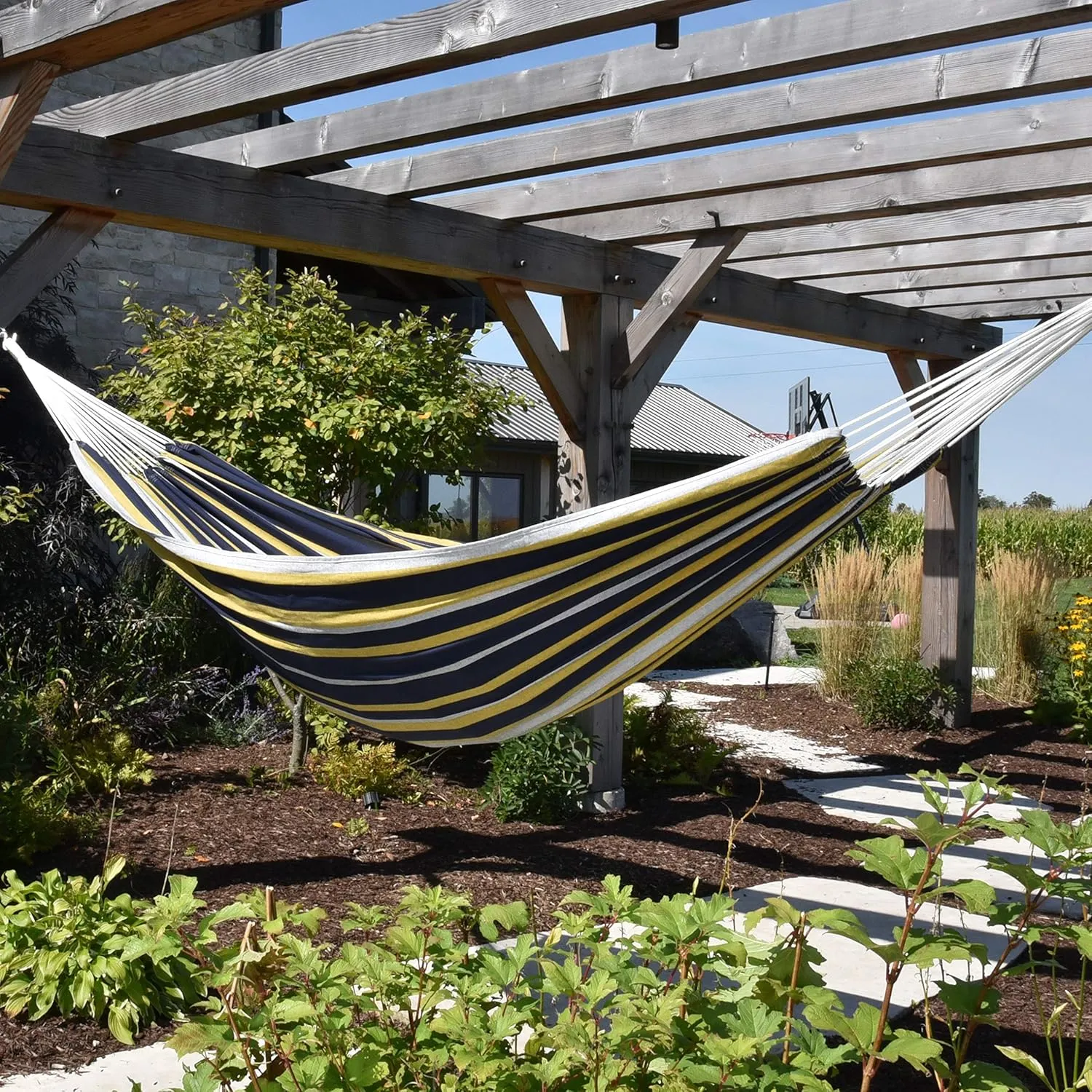 Vivere Brazilian Style Double Cotton Hammock with Polyester End Strings, 450 lb Weight Capacity (Serenity)