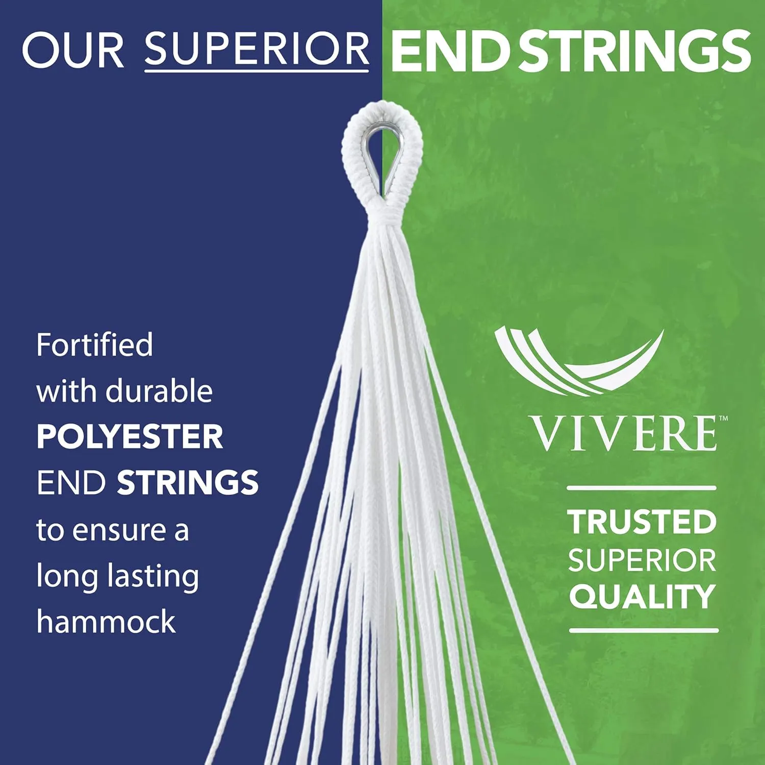 Vivere Brazilian Style Double Cotton Hammock with Polyester End Strings, 450 lb Weight Capacity (Serenity)