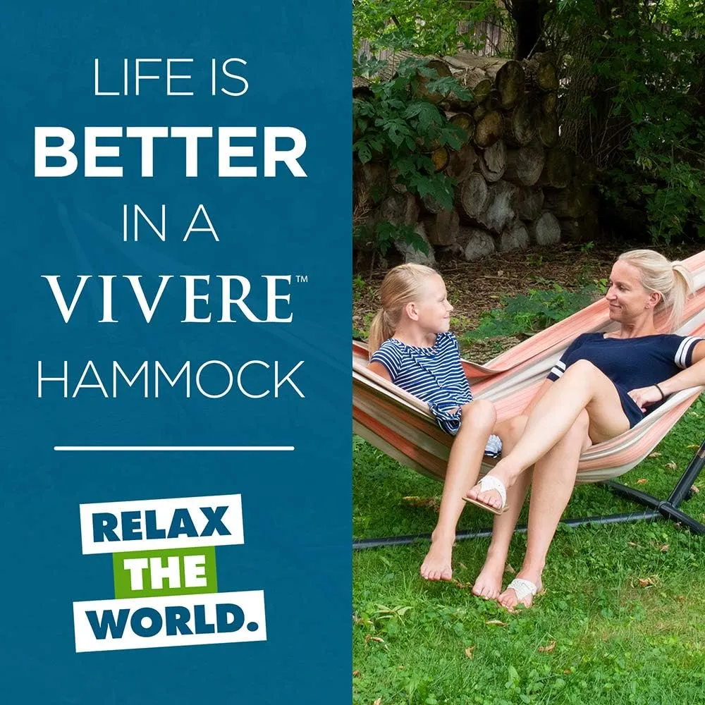 Vivere Double Sunbrella Hammock with Space Saving Steel Stand, 450 lb Capacity - Premium Carry Bag Included (Cameo)