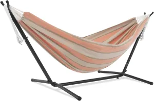 Vivere Double Sunbrella Hammock with Space Saving Steel Stand, 450 lb Capacity - Premium Carry Bag Included (Cameo)