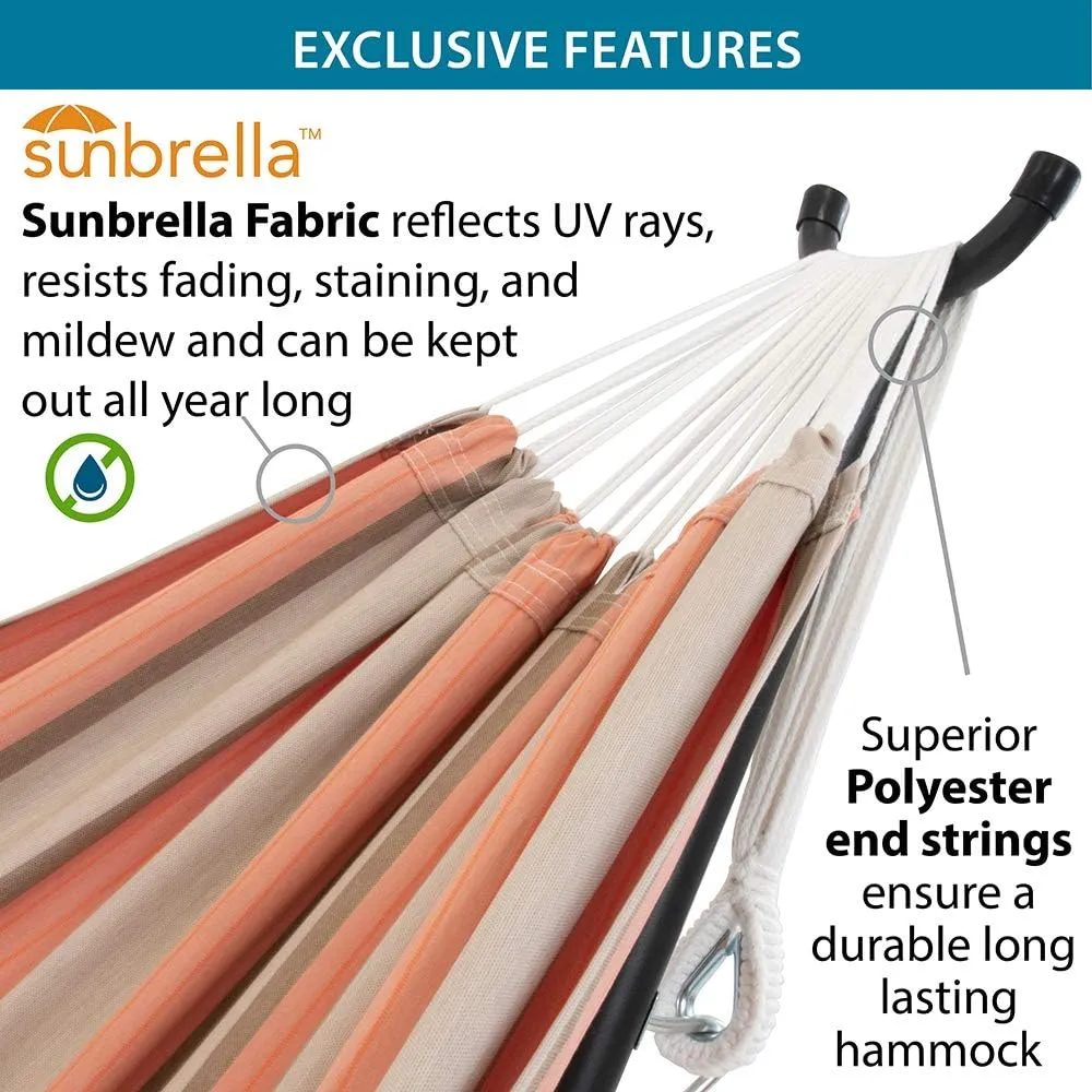 Vivere Double Sunbrella Hammock with Space Saving Steel Stand, 450 lb Capacity - Premium Carry Bag Included (Cameo)