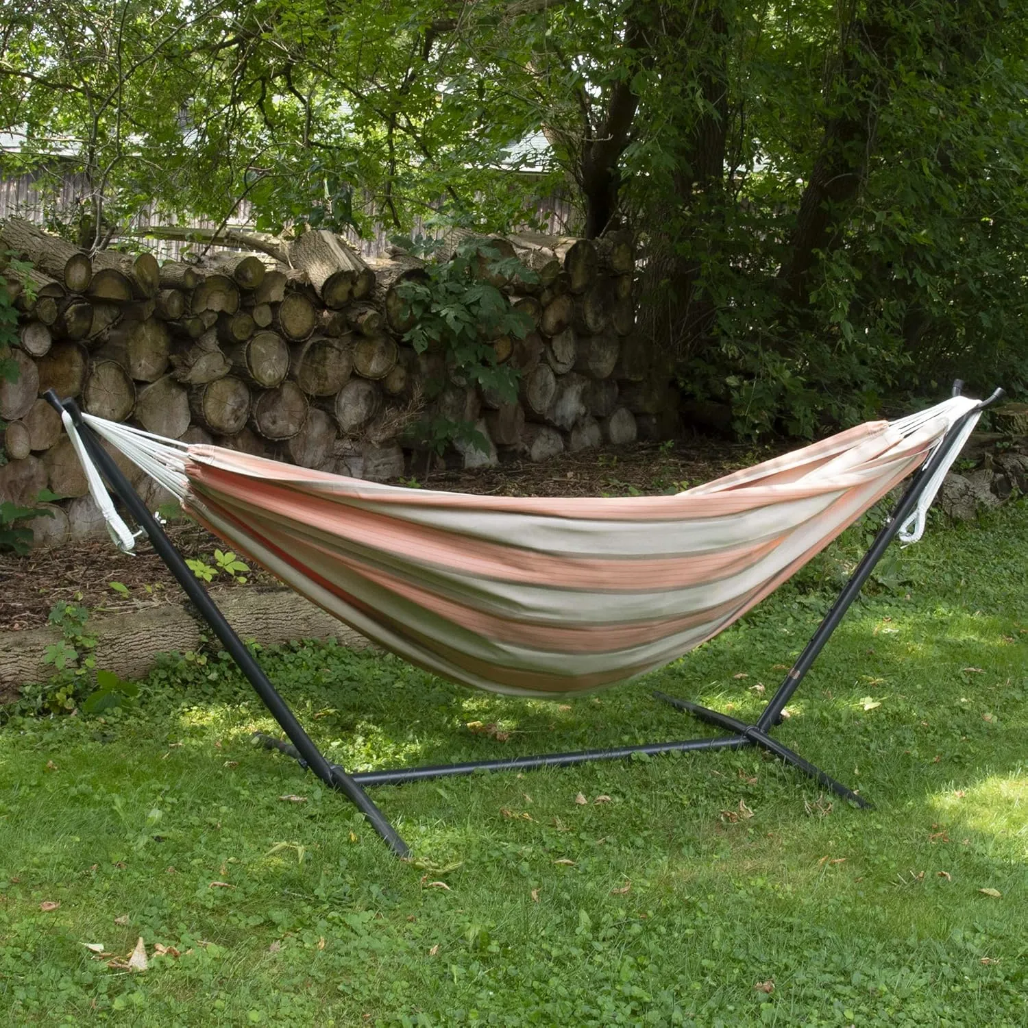 Vivere Double Sunbrella Hammock with Space Saving Steel Stand, 450 lb Capacity - Premium Carry Bag Included (Cameo)