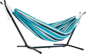 Vivere Double Sunbrella Hammock with Space Saving Steel Stand, 450 lb Capacity - Premium Carry Bag Included (Token Surfside)