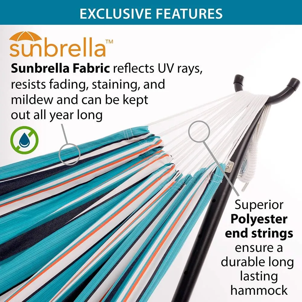 Vivere Double Sunbrella Hammock with Space Saving Steel Stand, 450 lb Capacity - Premium Carry Bag Included (Token Surfside)