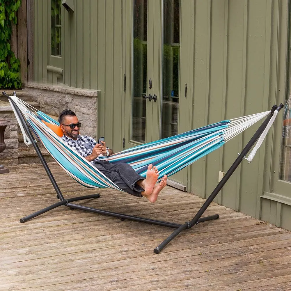 Vivere Double Sunbrella Hammock with Space Saving Steel Stand, 450 lb Capacity - Premium Carry Bag Included (Token Surfside)