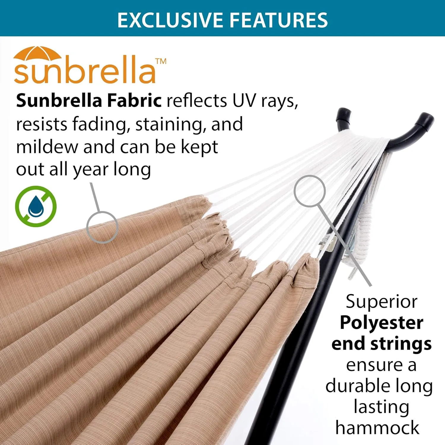 Vivere Double Sunbrella® Hammock with Space Saving Steel Stand, Sand (450 lb Capacity - Premium Carry Bag Included)