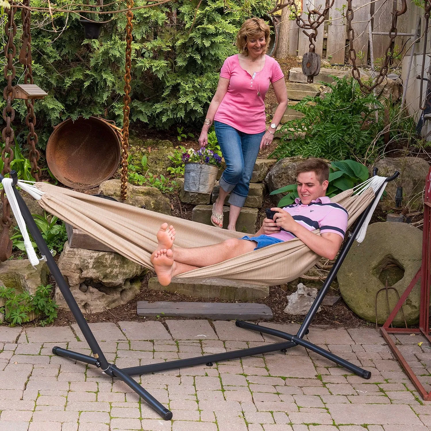 Vivere Double Sunbrella® Hammock with Space Saving Steel Stand, Sand (450 lb Capacity - Premium Carry Bag Included)