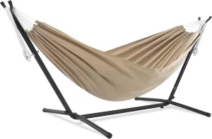 Vivere Double Sunbrella® Hammock with Space Saving Steel Stand, Sand (450 lb Capacity - Premium Carry Bag Included)