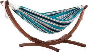 Vivere Fade and Weather-Resitant Double Brazilian Style Hammock with Solid Pine Arc Stand - 450 lb Weight Capacity