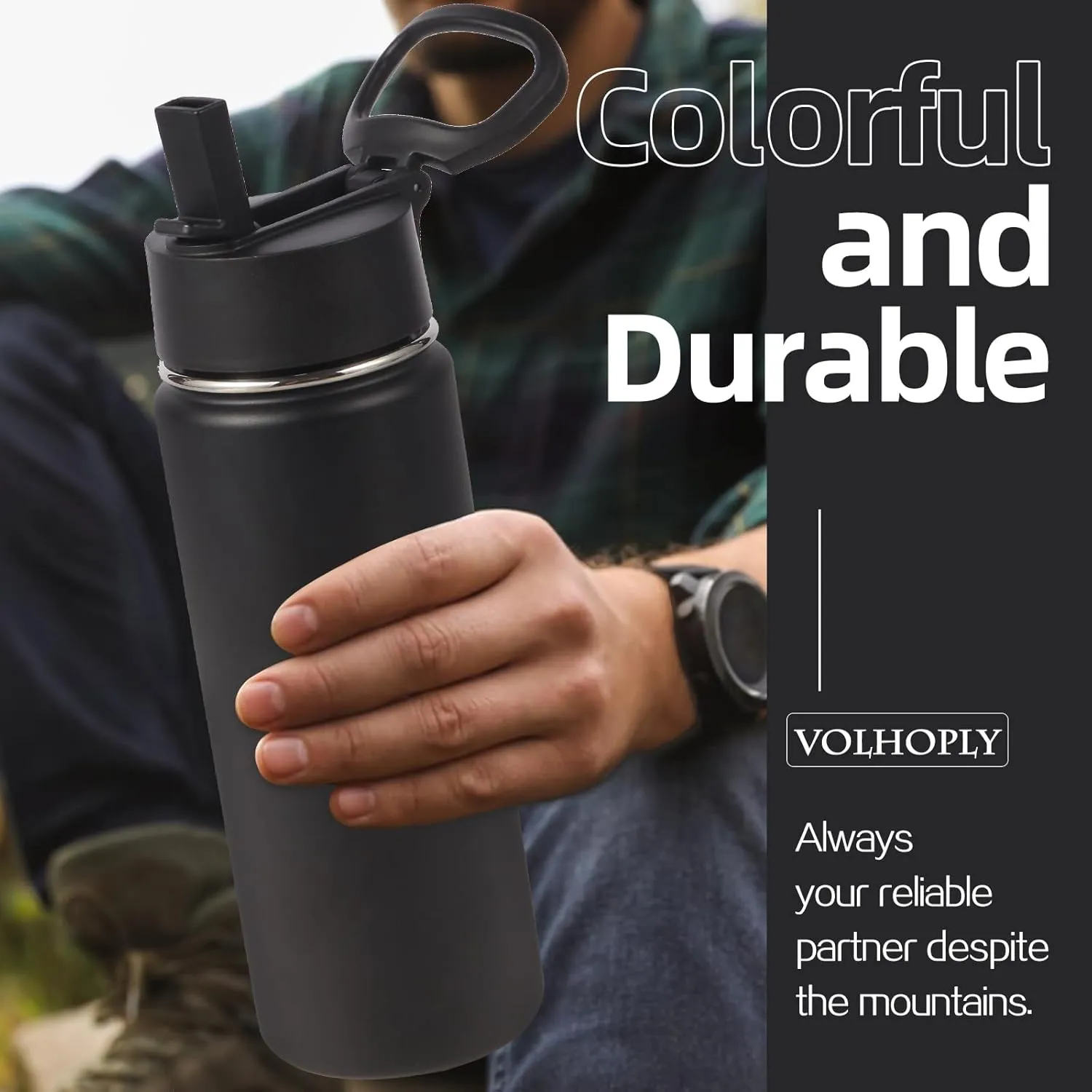 Volhoply 20oz Insulated Stainless Steel Water Bottle With Straw Lid Bulk 8 Pack,Kids Double Wall Vacuum Thermos With Handle,Reusable Outdoor Sports Metal Bottles,Travel Flask Keep Cold(Black,8)