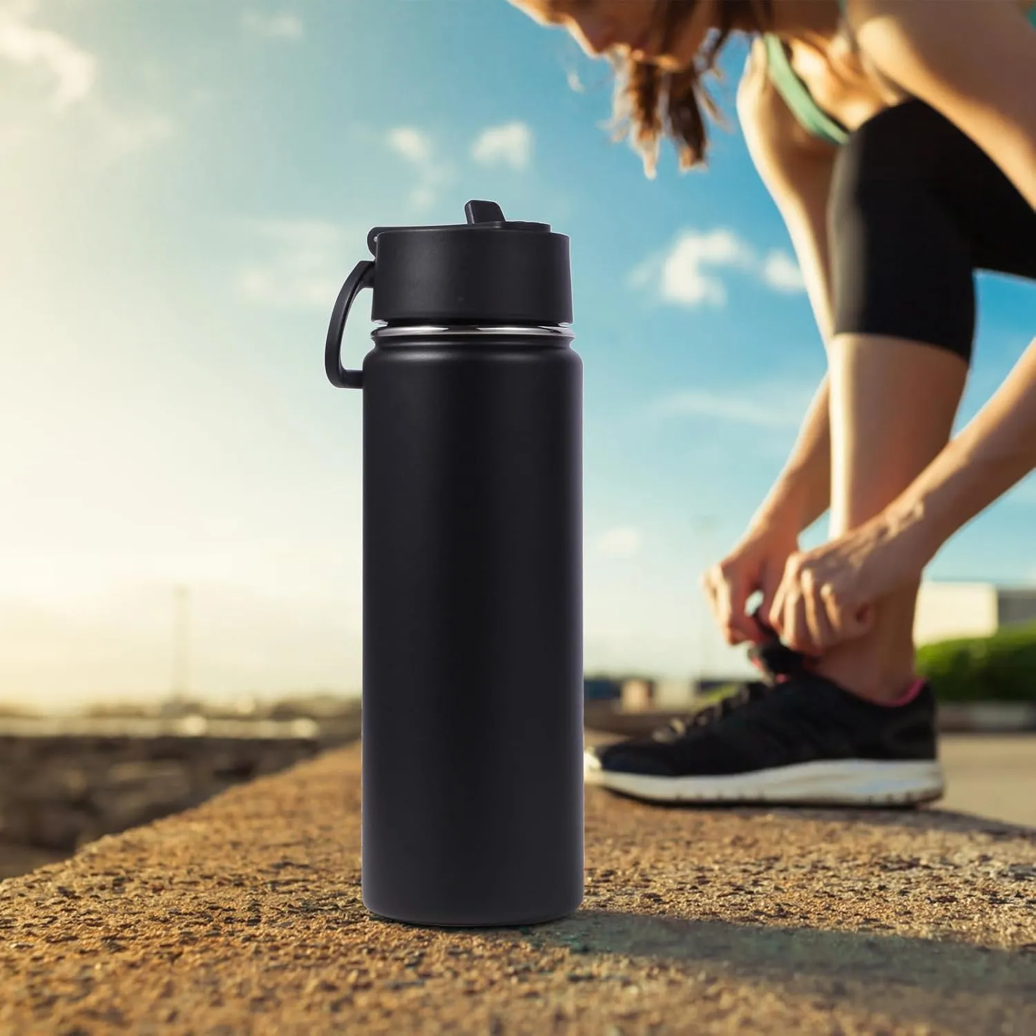 Volhoply 20oz Insulated Stainless Steel Water Bottle With Straw Lid Bulk 8 Pack,Kids Double Wall Vacuum Thermos With Handle,Reusable Outdoor Sports Metal Bottles,Travel Flask Keep Cold(Black,8)