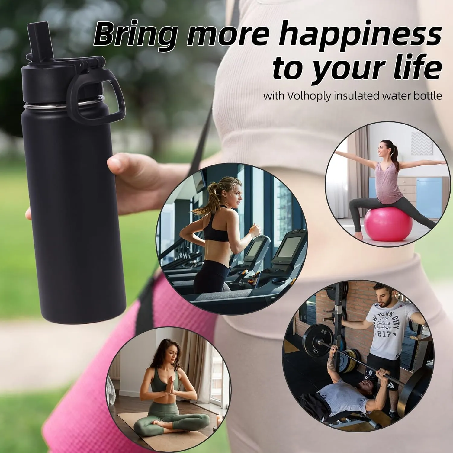 Volhoply 20oz Insulated Stainless Steel Water Bottle With Straw Lid Bulk 8 Pack,Kids Double Wall Vacuum Thermos With Handle,Reusable Outdoor Sports Metal Bottles,Travel Flask Keep Cold(Black,8)