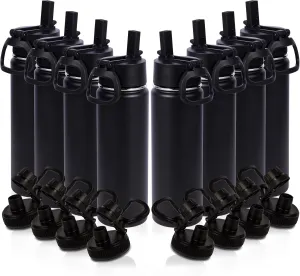 Volhoply 20oz Insulated Stainless Steel Water Bottle With Straw Lid Bulk 8 Pack,Kids Double Wall Vacuum Thermos With Handle,Reusable Outdoor Sports Metal Bottles,Travel Flask Keep Cold(Black,8)