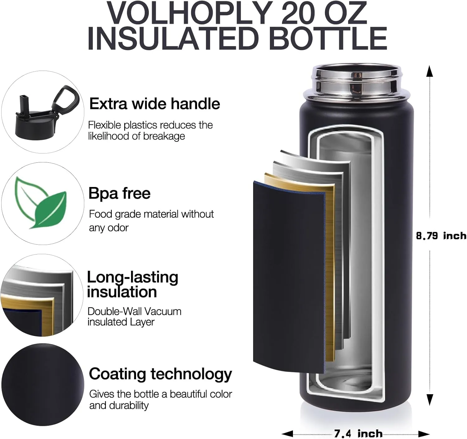 Volhoply 20oz Insulated Stainless Steel Water Bottle With Straw Lid Bulk 8 Pack,Kids Double Wall Vacuum Thermos With Handle,Reusable Outdoor Sports Metal Bottles,Travel Flask Keep Cold(Black,8)
