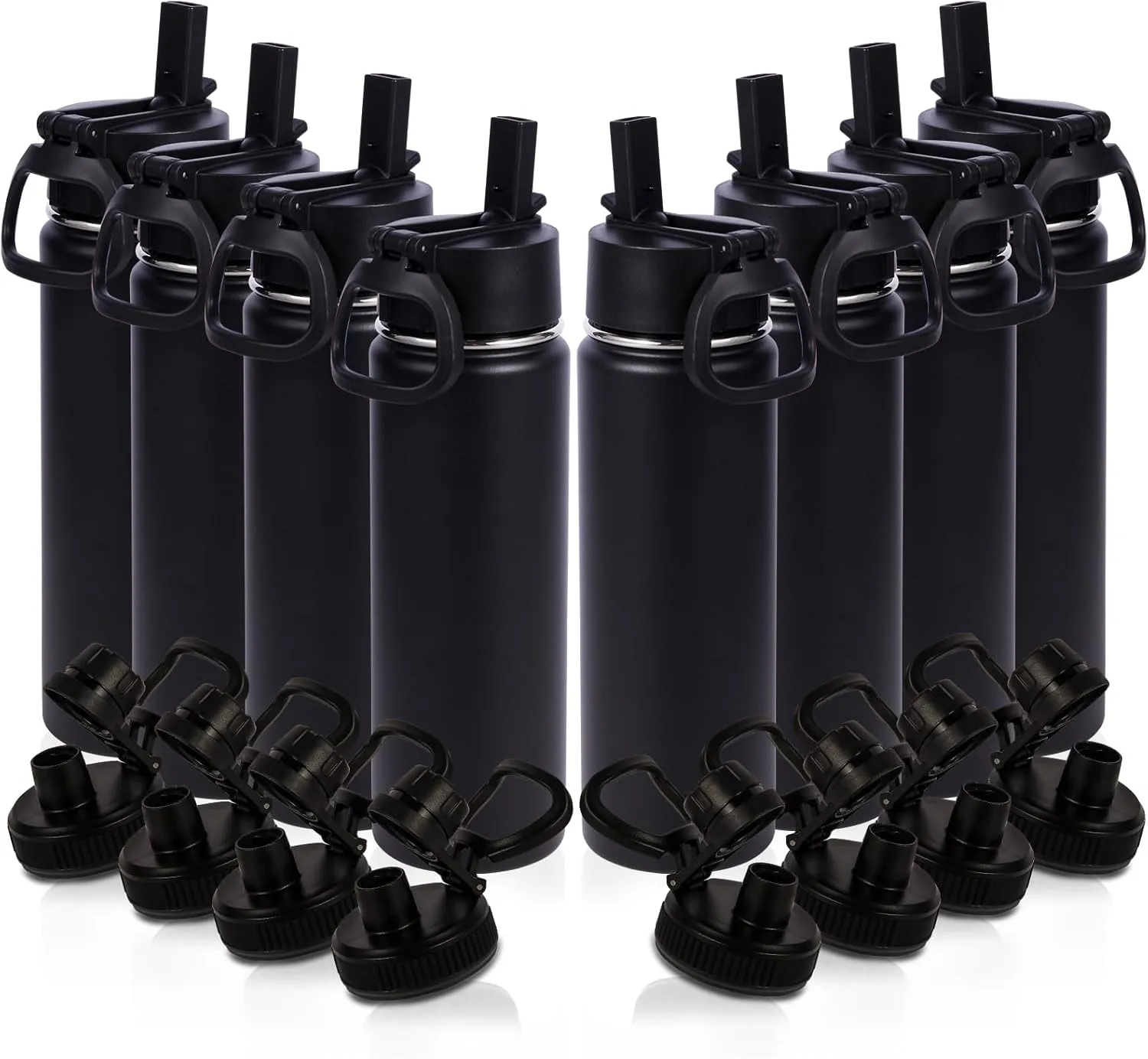 Volhoply 20oz Insulated Stainless Steel Water Bottle With Straw Lid Bulk 8 Pack,Kids Double Wall Vacuum Thermos With Handle,Reusable Outdoor Sports Metal Bottles,Travel Flask Keep Cold(Black,8)