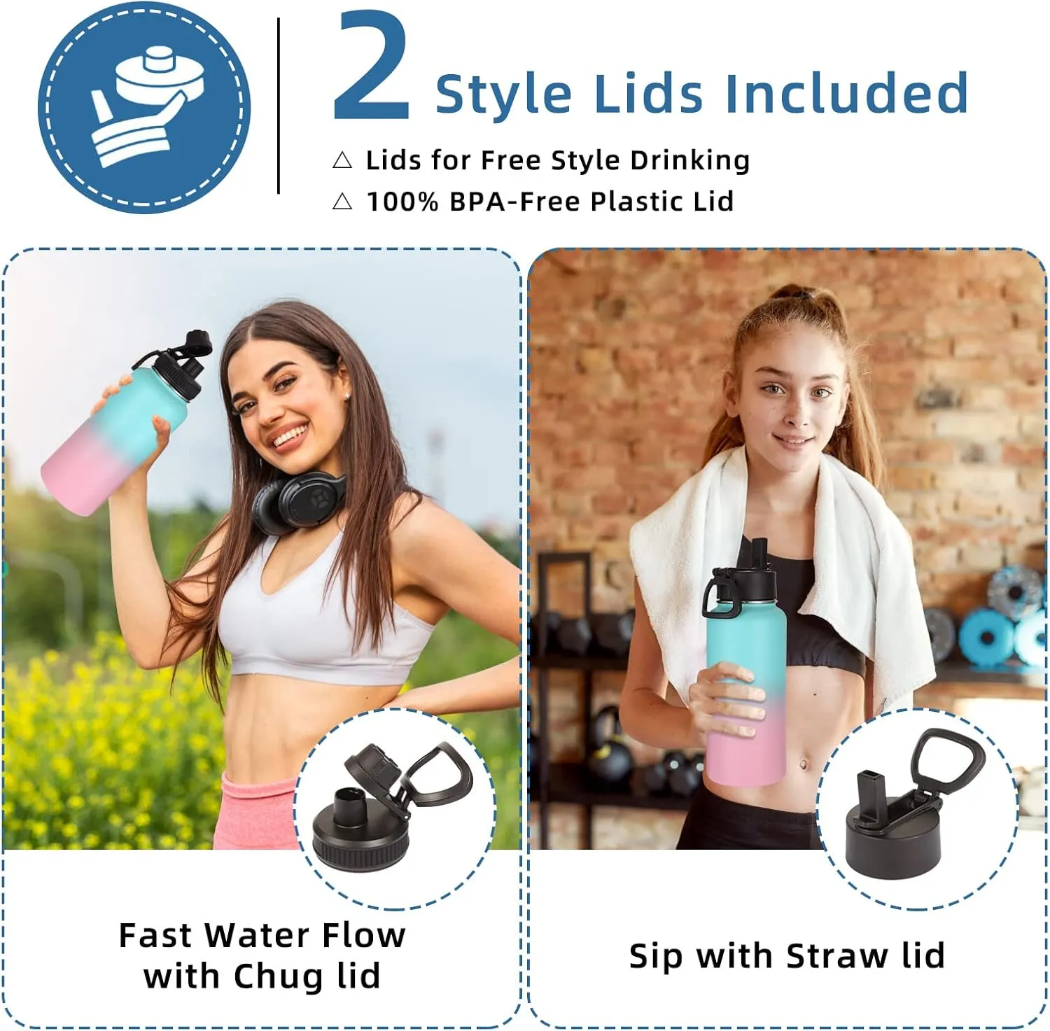 Volhoply 32oz Outdoor Gradient Color Insulated Stainless Steel Metal Water Bottle with Straw Lid&Spout Lid,Double Wall Vacuum Jug for GYM,Travel Camping Flask Keep Cold and Hot(Multicolor,4 Pack)