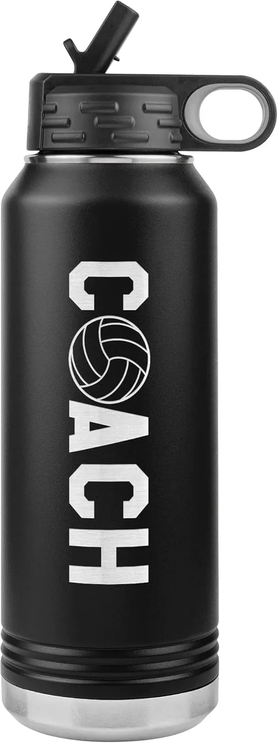 Volleyball Coach Water Bottle - 32oz Insulated Engraved Stainless Steel Flip Top With Straw Volleyball Coach Gift Black