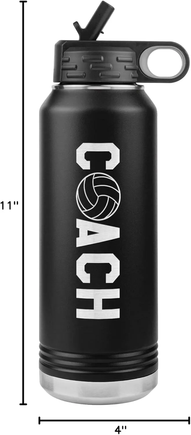 Volleyball Coach Water Bottle - 32oz Insulated Engraved Stainless Steel Flip Top With Straw Volleyball Coach Gift Black