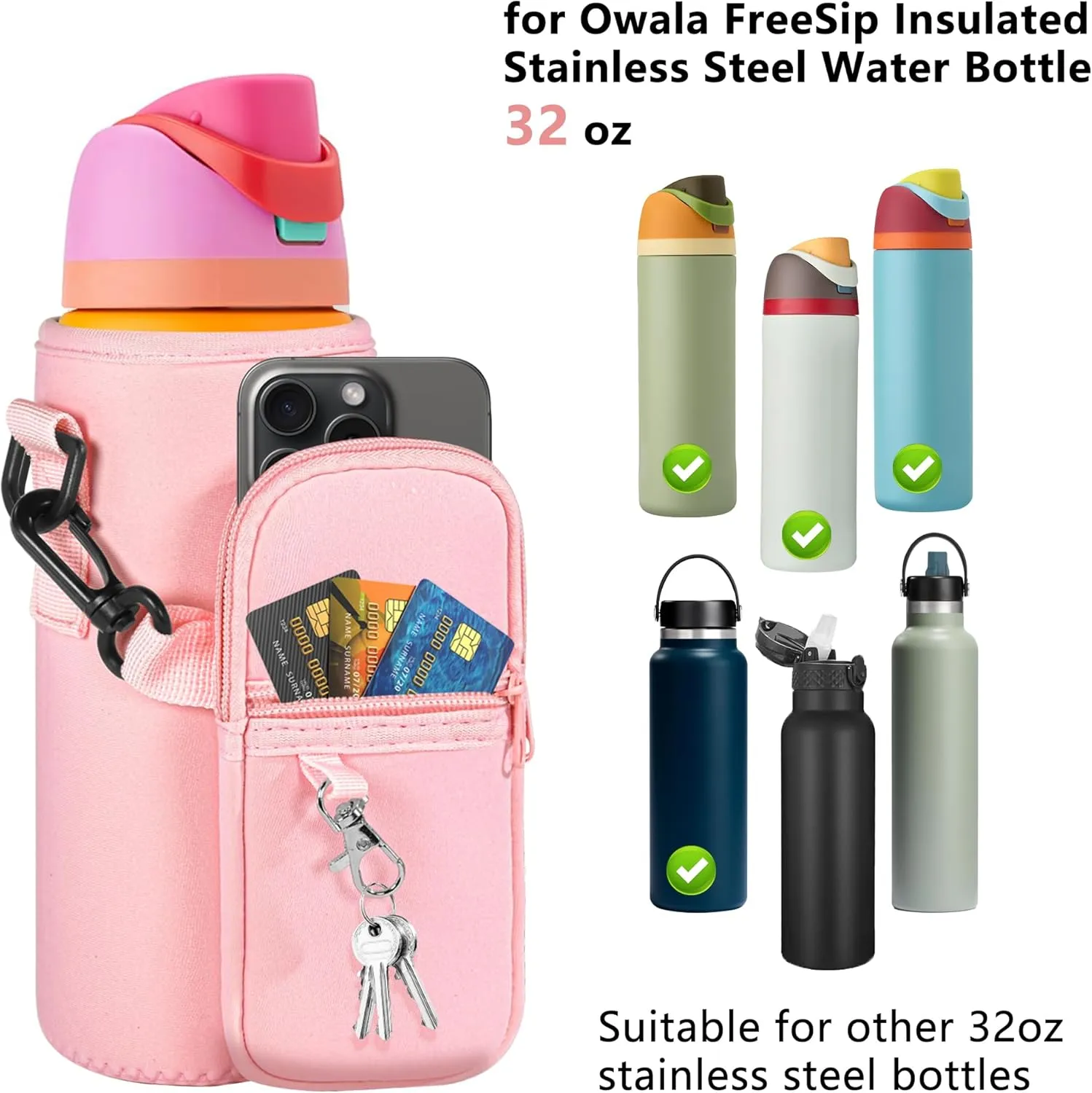 Water Bottle Carrier Bag with Strap for Owala FreeSip 24/32oz with Detachable Phone Pocket for Owala Accessories 24/32oz Water Bottle Sleeve for Walking Camping Gym