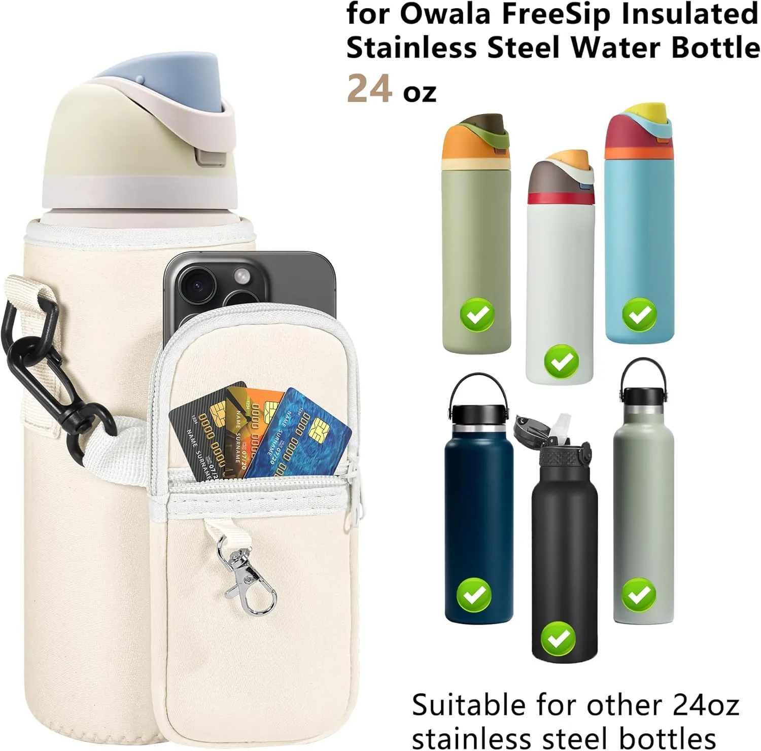 Water Bottle Carrier Bag with Strap for Owala FreeSip 24/32oz with Detachable Phone Pocket for Owala Accessories 24/32oz Water Bottle Sleeve for Walking Camping Gym