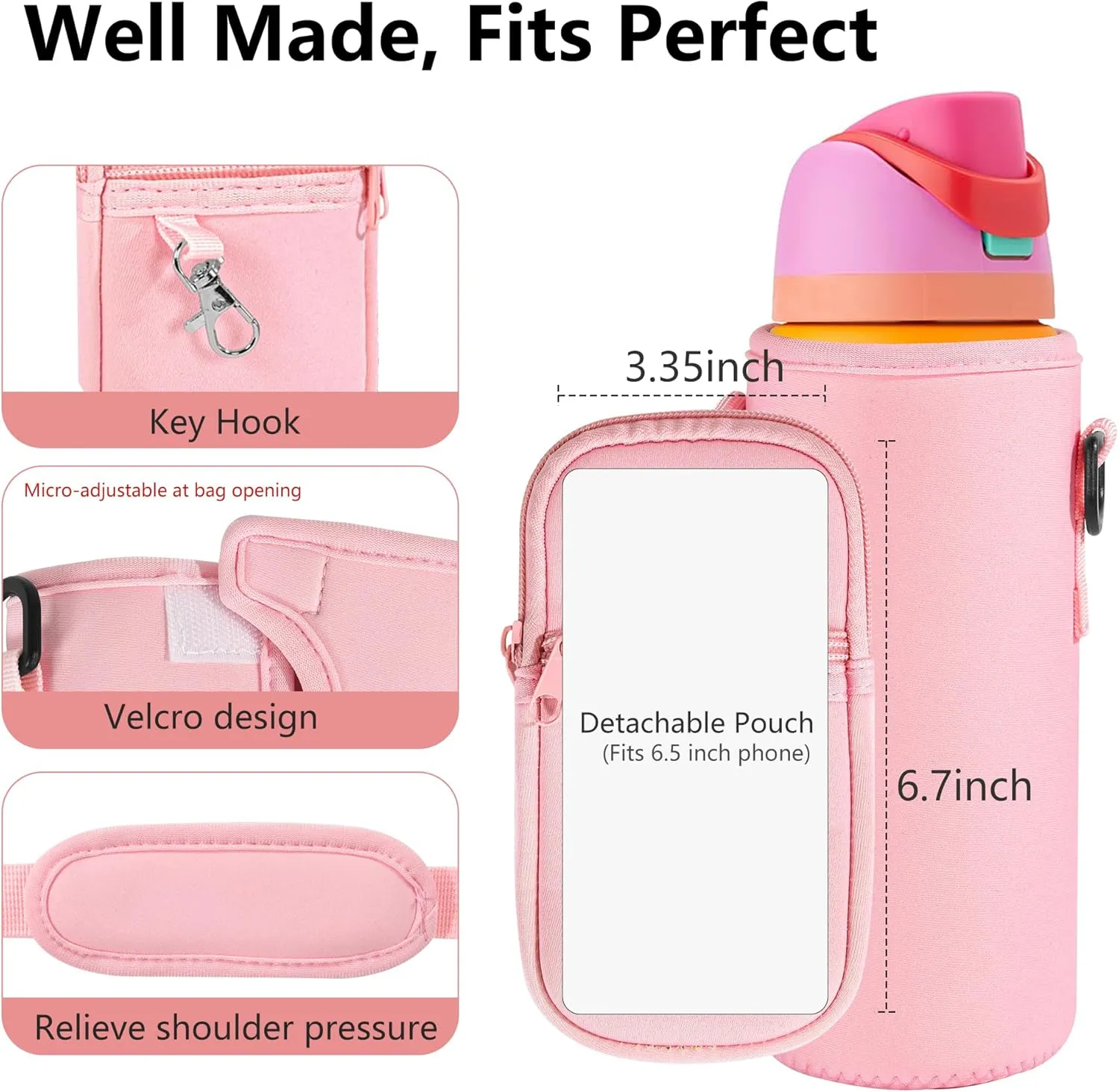 Water Bottle Carrier Bag with Strap for Owala FreeSip 24/32oz with Detachable Phone Pocket for Owala Accessories 24/32oz Water Bottle Sleeve for Walking Camping Gym
