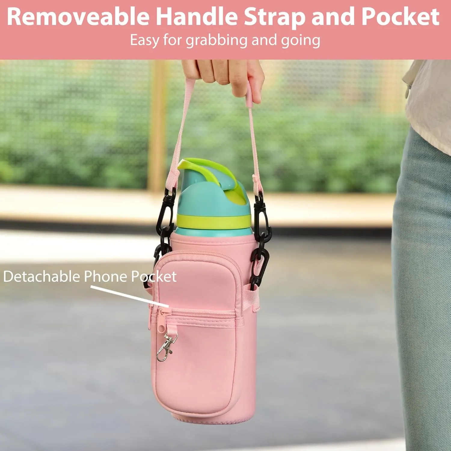 Water Bottle Carrier Bag with Strap for Owala FreeSip 24/32oz with Detachable Phone Pocket for Owala Accessories 24/32oz Water Bottle Sleeve for Walking Camping Gym