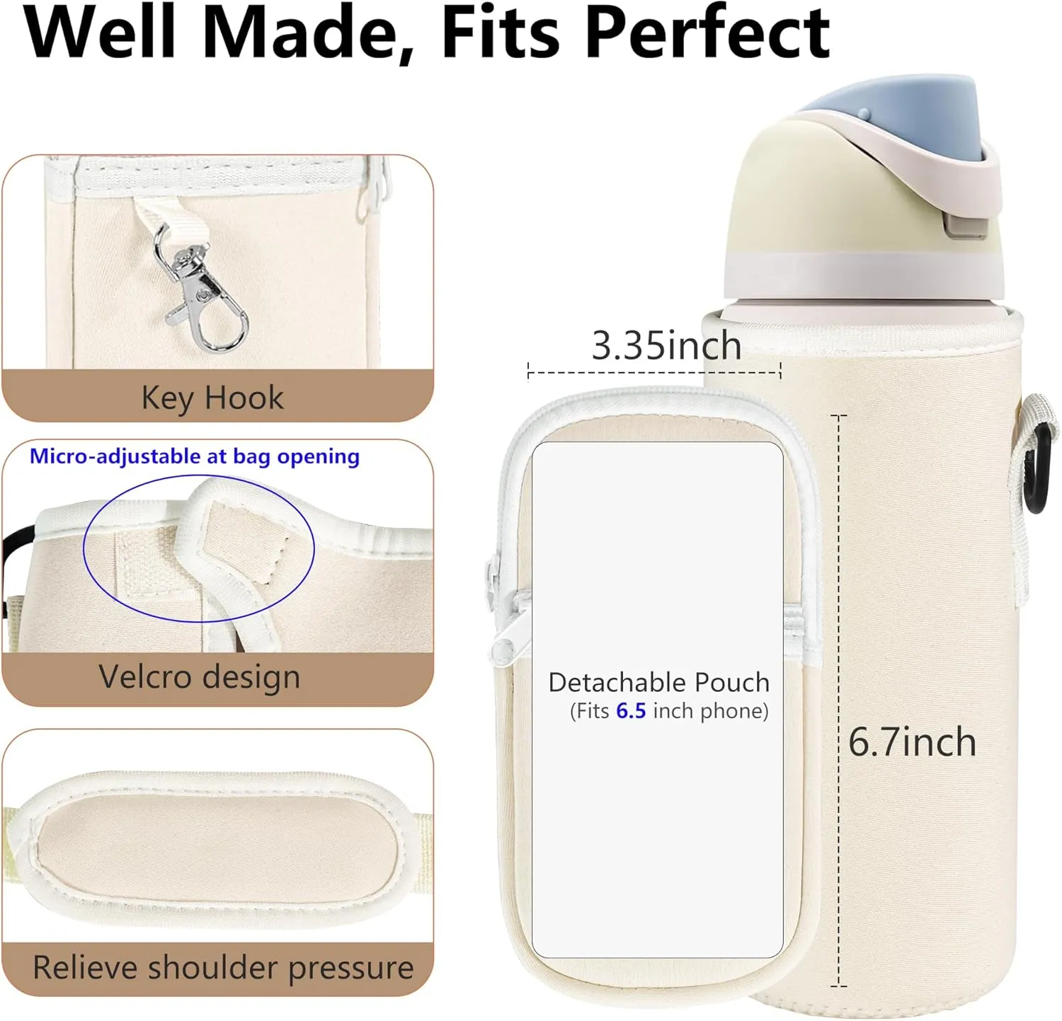 Water Bottle Carrier Bag with Strap for Owala FreeSip 24/32oz with Detachable Phone Pocket for Owala Accessories 24/32oz Water Bottle Sleeve for Walking Camping Gym