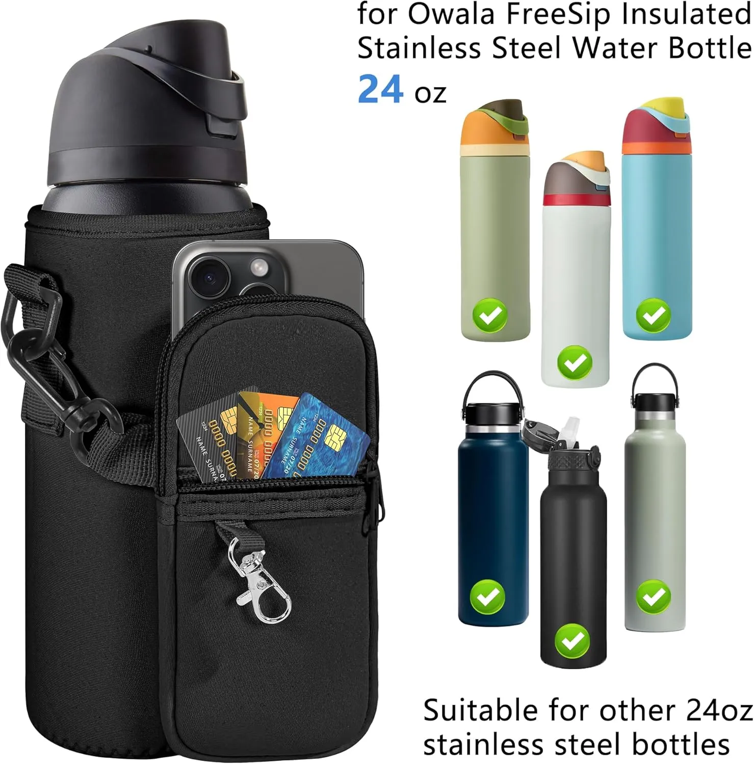 Water Bottle Carrier Bag with Strap for Owala FreeSip 24/32oz with Detachable Phone Pocket for Owala Accessories 24/32oz Water Bottle Sleeve for Walking Camping Gym