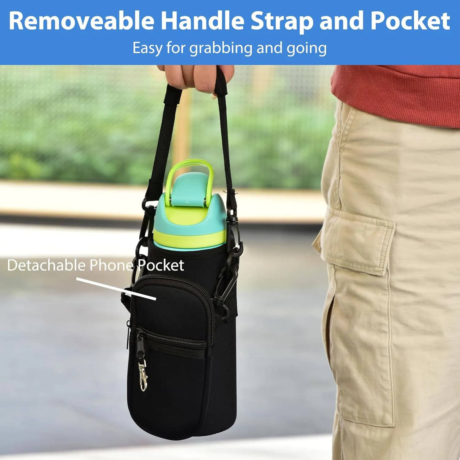 Water Bottle Carrier Bag with Strap for Owala FreeSip 24/32oz with Detachable Phone Pocket for Owala Accessories 24/32oz Water Bottle Sleeve for Walking Camping Gym