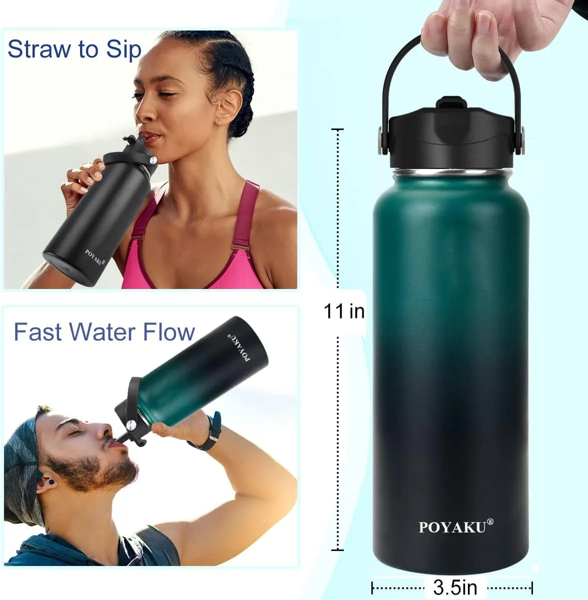 Water Bottle Insulated 32oz 40oz 64oz 128oz Straw Lid Spout Lid & 3 Lids, Leak Proof, Vacuum Insulated,Stainless Steel Water Bottle Wide Mouth for Sports, Gym or Office