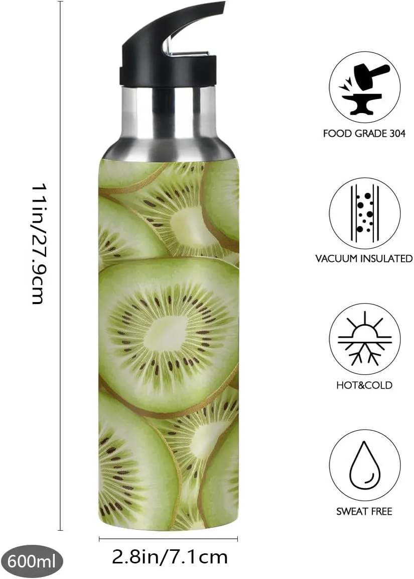 Water Bottle Stainless Steel, Kiwifruit Insulated Sports Bottle with Straw, BPA Free Reusable Bottles for Fitness, Travel & Outdoor Activities