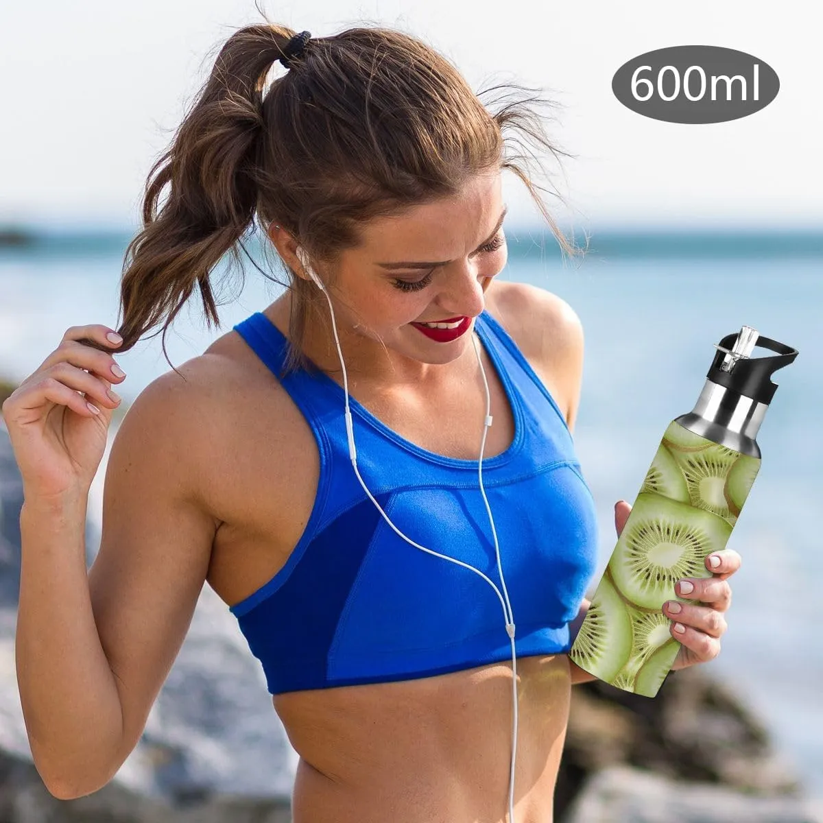 Water Bottle Stainless Steel, Kiwifruit Insulated Sports Bottle with Straw, BPA Free Reusable Bottles for Fitness, Travel & Outdoor Activities