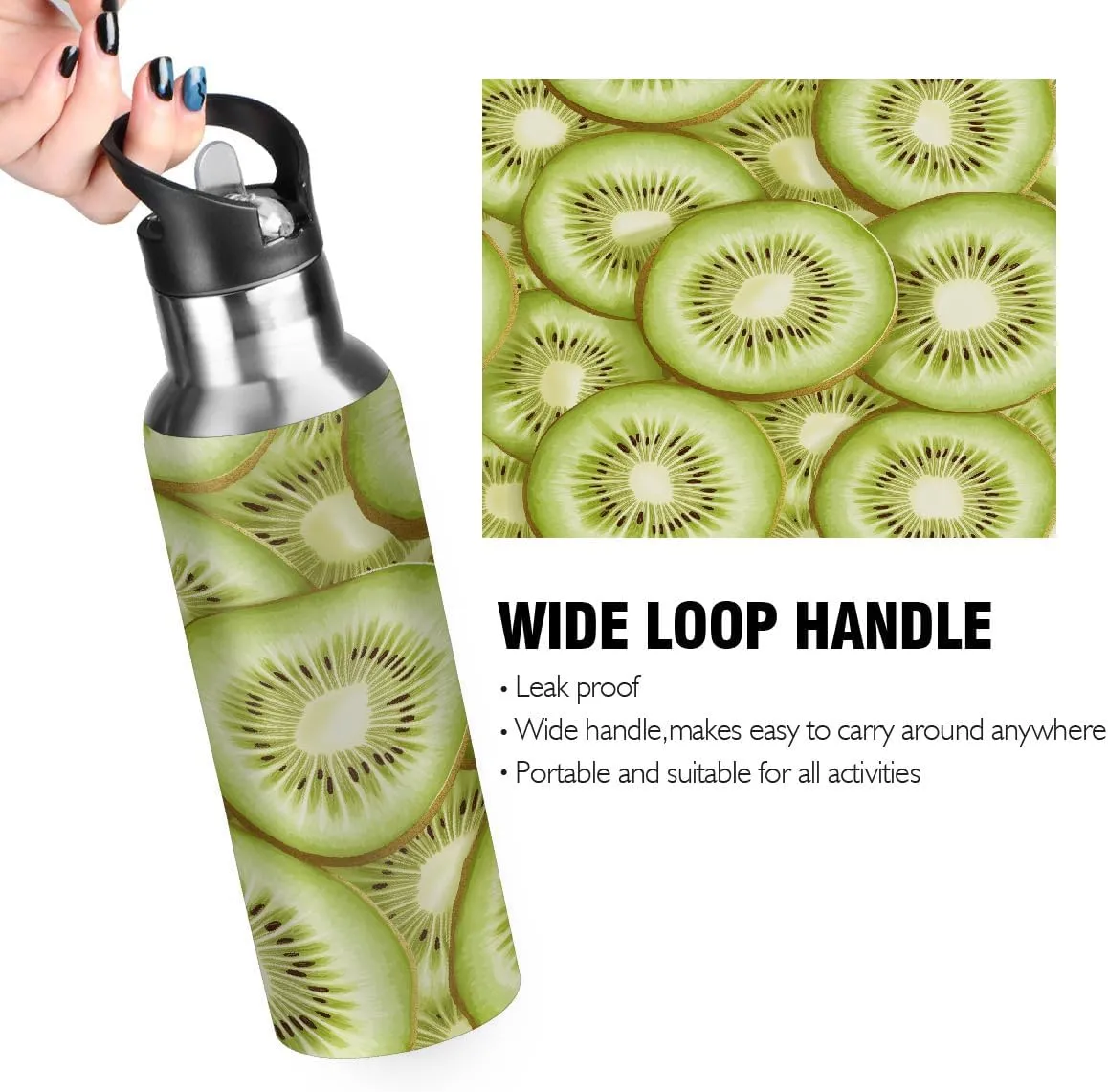 Water Bottle Stainless Steel, Kiwifruit Insulated Sports Bottle with Straw, BPA Free Reusable Bottles for Fitness, Travel & Outdoor Activities