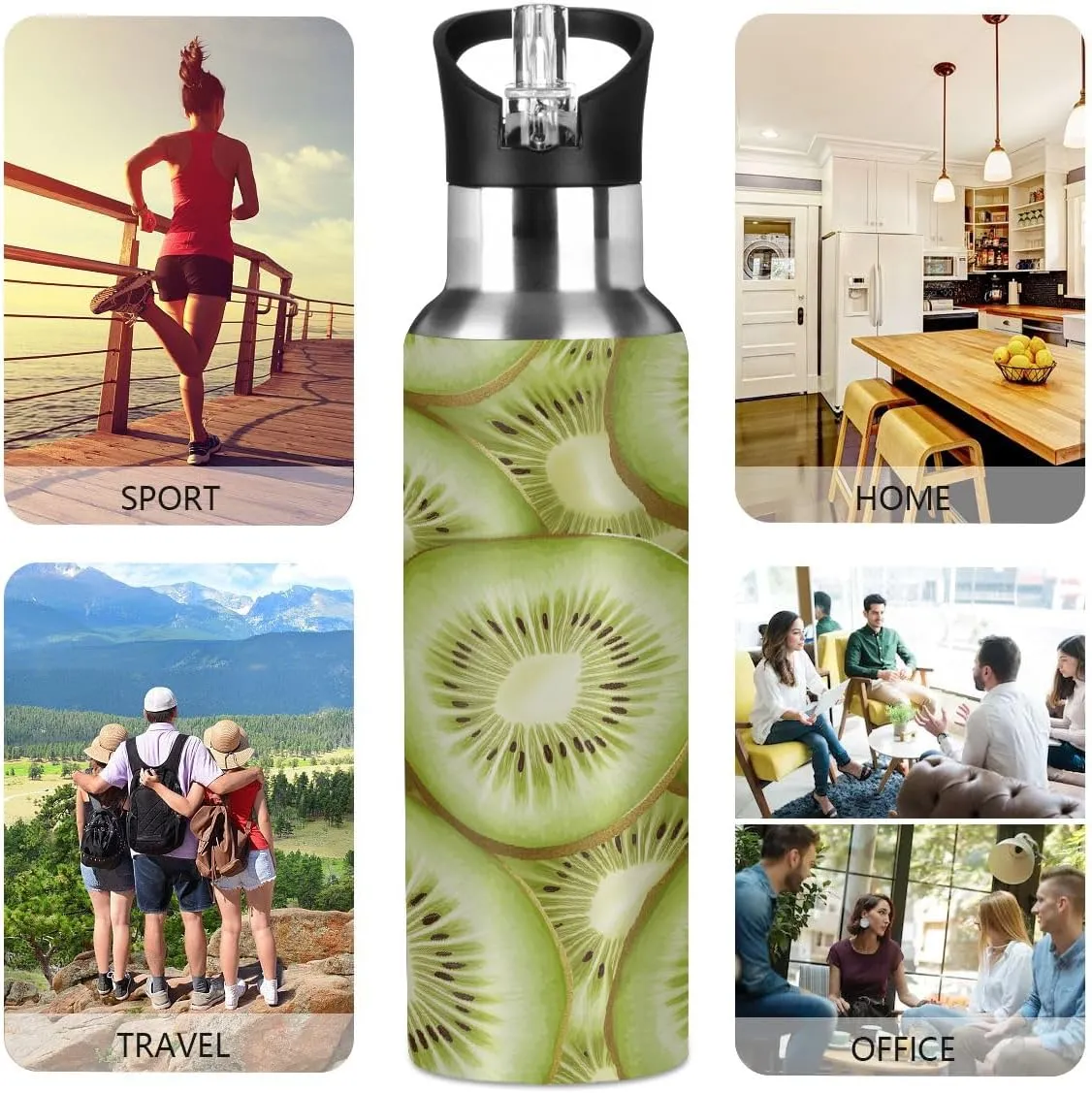 Water Bottle Stainless Steel, Kiwifruit Insulated Sports Bottle with Straw, BPA Free Reusable Bottles for Fitness, Travel & Outdoor Activities