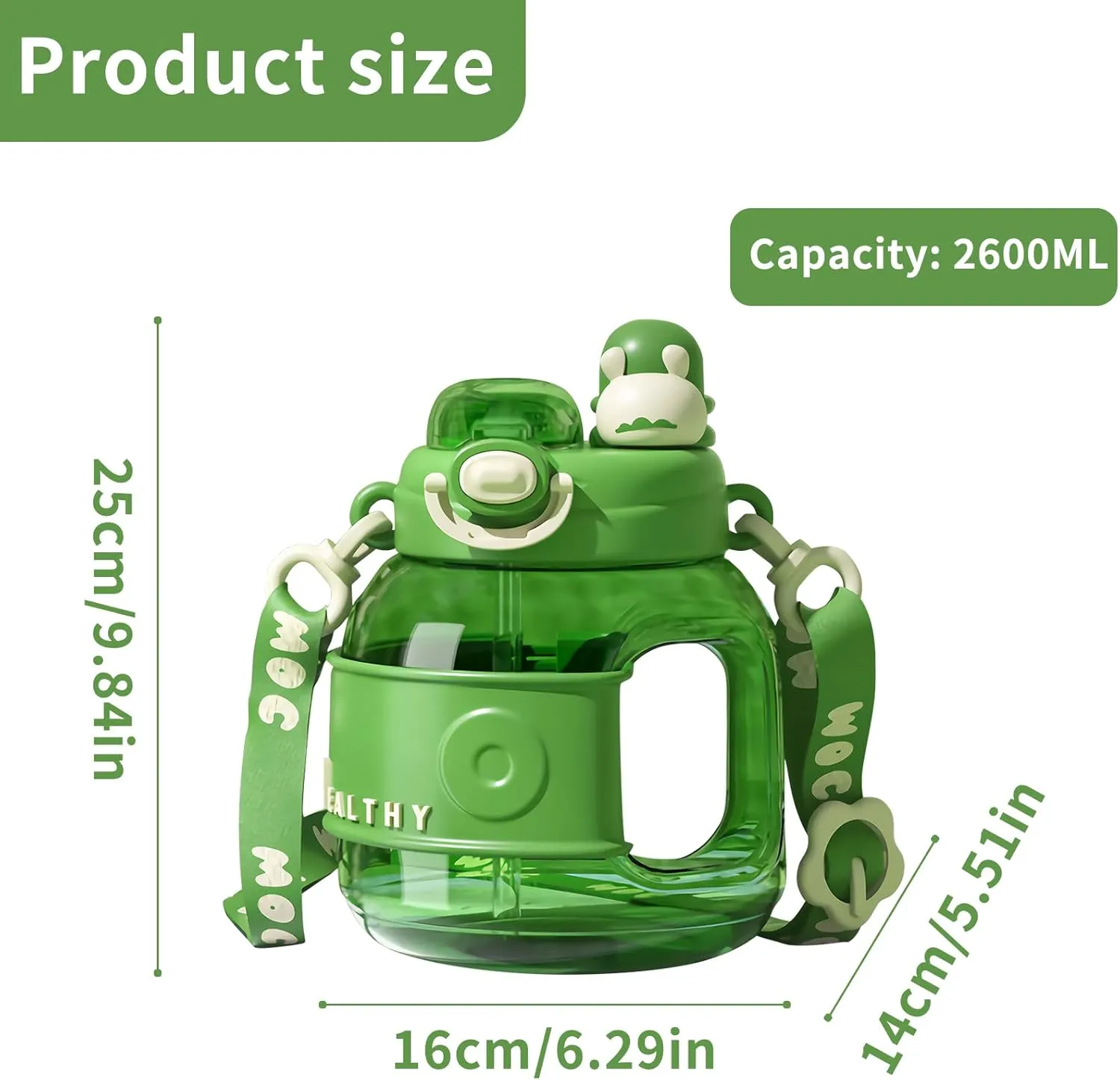 Water Bottle with Straw 87oz Kawaii Water Bottles with Adjustable Strap for Women,Teen Girl School Office Gifts,Cute Portable Travel Sport Water Bottles - Green