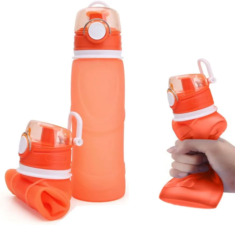 Water Bottles Collapsible Silicone Foldable Outdoor Travel Bottles Gym Fitness Training Non-Toxic kettles (Leakproof & Heatproof) (Orange)