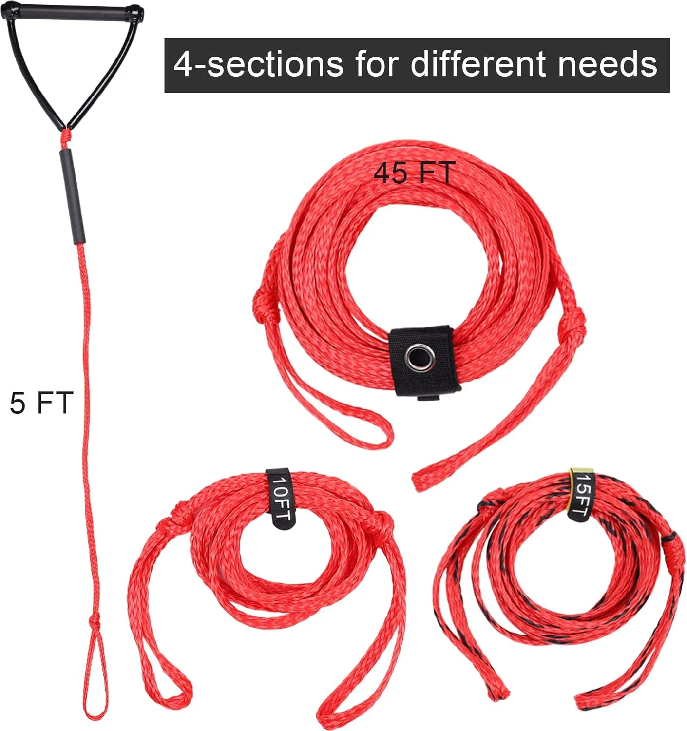 Water Ski Rope 75 ft 4 Sections with Self Centering Boat Tow Harness 12 ft