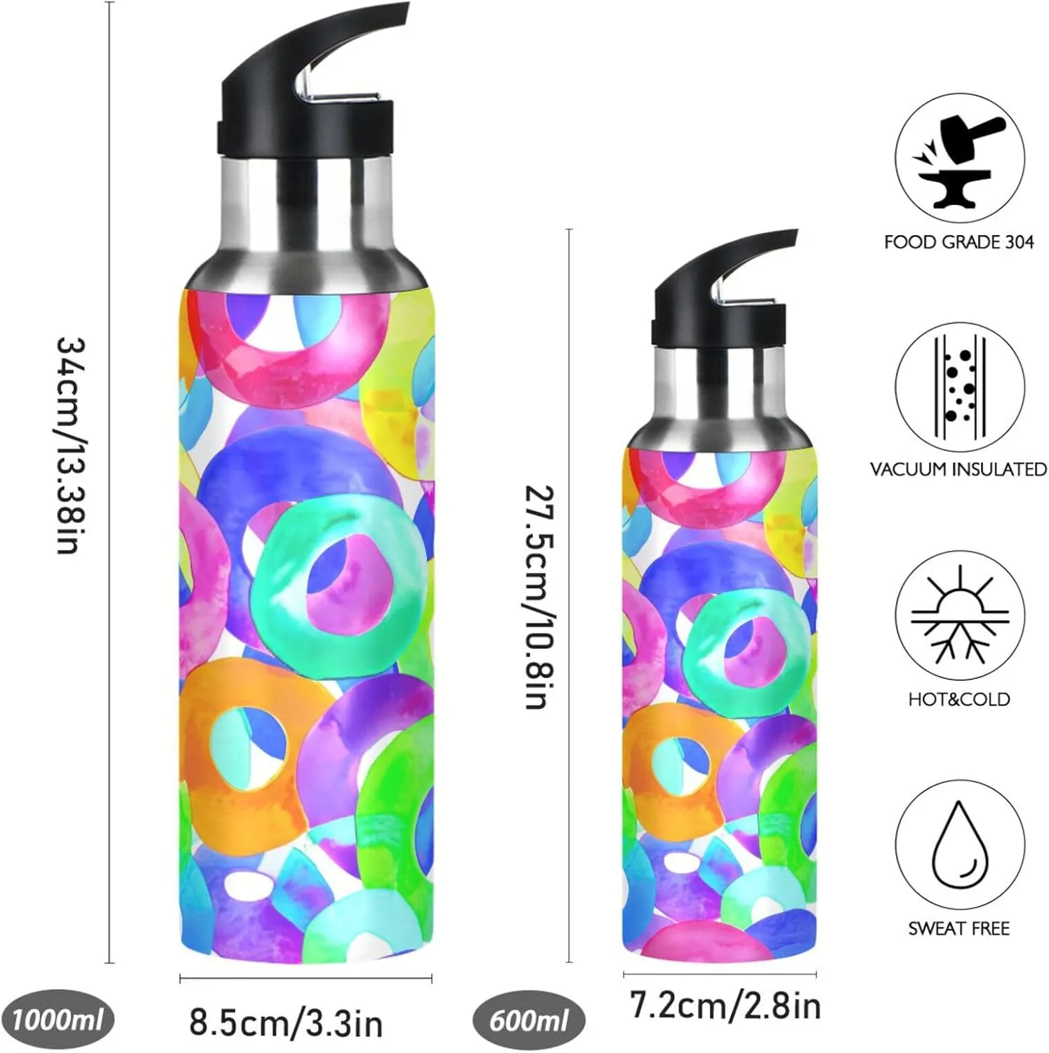 Watercolor Circles Sports Water Bottle with Straw, 22oz BPA Free Stainless Steel Vacuum Insulated Bottle for Gym Fitness Outdoor