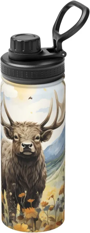 Watercolor Elk Flower Sports Insulated Water Bottle 18oz Stainless Steel Metal Water Bottles with Handle and Spout Lid Reusable Leakproof Double Wall Water Flask for Men Women Travel Gym