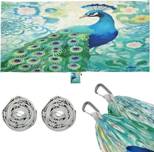 Watercolor Peacock Camping Hammock, 330 lbs with 2 Tree Straps, Carry Bag, Single Portable Hammock for Outdoor/Indoor, Hiking, Beach, Backpacking, Travel