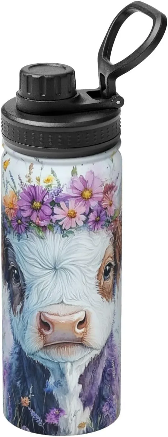 Watercolor Yak Flower Pattern Sports Insulated Water Bottle 18oz Stainless Steel Metal Water Bottles with Handle and Spout Lid Reusable Leakproof Double Wall Water Flask for Men Women Travel Gym