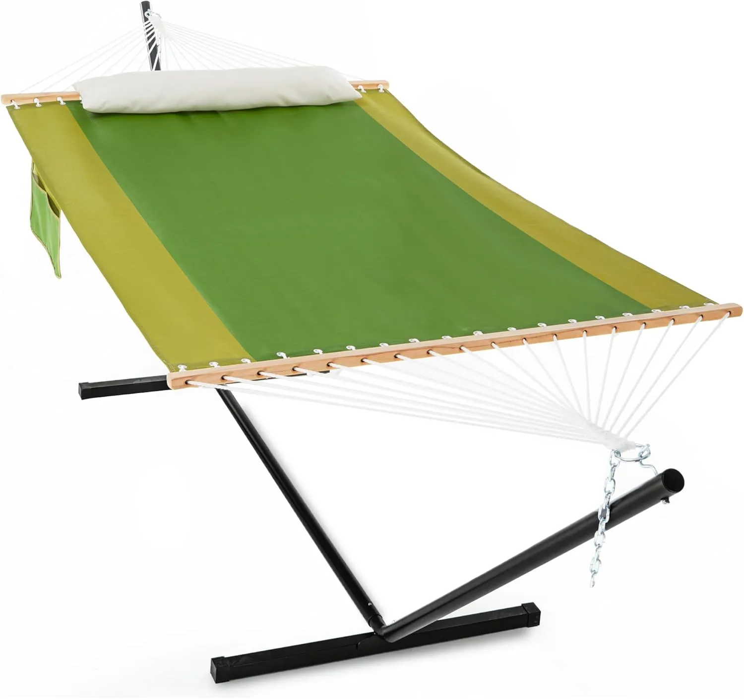 Waterproof Double Hammock with Stand for Outside Heavy Duty, 2 Person 55'' Large Quick Dry Textilene Hammocks with Hardwood Spreader Bar, Pillow, Side Pocket, 475lbs Capacity (Jungle Green)